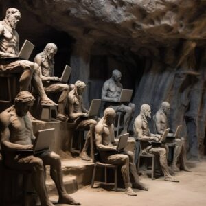 Crazy multiple objects/creatures prompts:1. Statues of PC hackers in big natural...