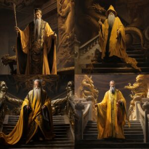 Chinese Dumbledore, in the style of Han Dynasty China; wearing the yellow dragon...