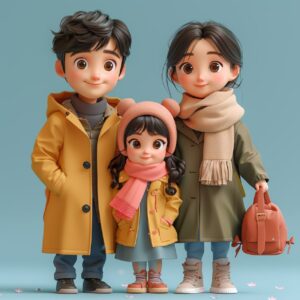 A family of four people, Asian people,Father and mother, two boys, mother short ...