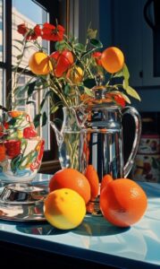 Hyperrealism in the style of Denny Bond, still life, vintage kitchen details, vi...
