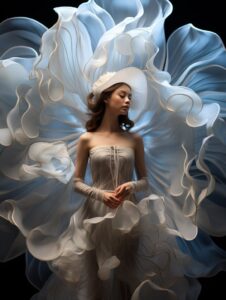 A woman is standing in front of a very large flower cover the whole body, in the...