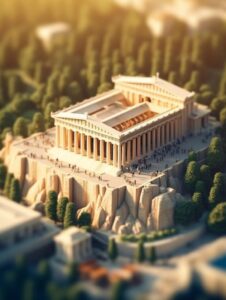 miniature,Super cute clay world,isometric view of Parthenon,cute clay freeze fra...