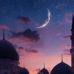 Mosques dome and crescent moon on dusk sky religion of Islamic and free space --...