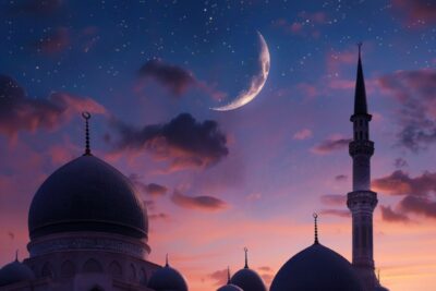 Mosques dome and crescent moon on dusk sky religion of Islamic and free space --...