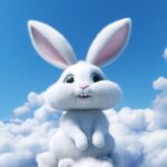 Blue sky and white clouds, cloud shaped like Pixar style fairy tale cute rabbit,...