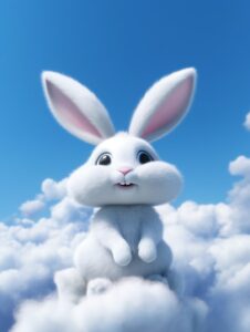 Blue sky and white clouds, cloud shaped like Pixar style fairy tale cute rabbit,...