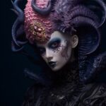 The person wears a costume of a giant sea creature in black with purple hair, in...