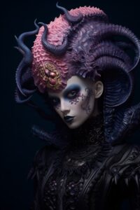 The person wears a costume of a giant sea creature in black with purple hair, in...