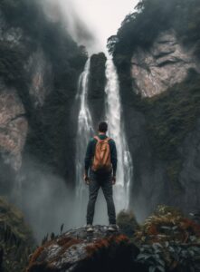 A man stands in front of a waterfall in the mountains, in the style of 32k uhd, ...