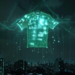 a light up soccer tshirt flying in the sky, in the style of site-specific artwor...