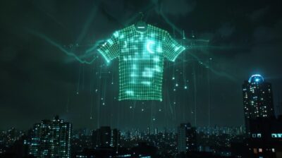 a light up soccer tshirt flying in the sky, in the style of site-specific artwor...