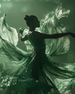 Movement of a woman dressed as a blooming Iris posing in the light, beautiful si...
