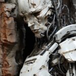 Painting in the style of Arthur Streeton& Pierre Soulages of a disheveled ol...