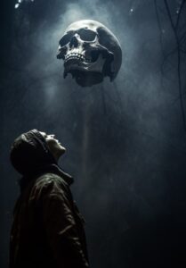 Skull and ghost in the dark sky, in the style of wiccan, evocative storytelling,...