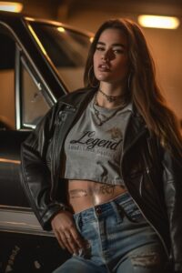 Photo of american woman wearing jeans and leather jacket, with long hair, she is...