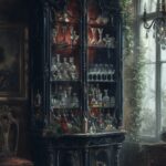 in an elegant cabinet on the shelves there are beautiful goblets, fog, illusions...
