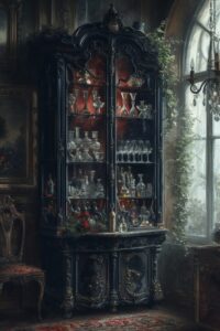 in an elegant cabinet on the shelves there are beautiful goblets, fog, illusions...