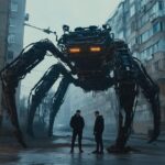 cinematic film shot, cinemaphotography, Crab mech with multiple large mechanical...