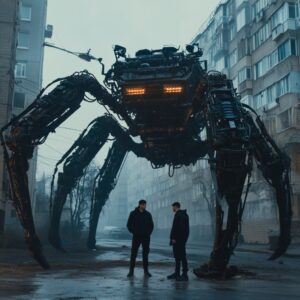 cinematic film shot, cinemaphotography, Crab mech with multiple large mechanical...