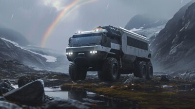 Грузовик для кемпинга в стиле Death Strandingcinematic 70mm, dof, low angle fron...