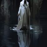 A figure in profile dressed in white flowing robes walks atop the still black wa...