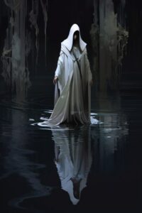 A figure in profile dressed in white flowing robes walks atop the still black wa...