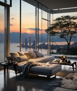 Imagine a room overlooking hongkong in a luxury penthouse with floor to ceiling ...
