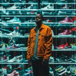 a handsome male standing in front of a collection of nike sneakers, shoes are in...
