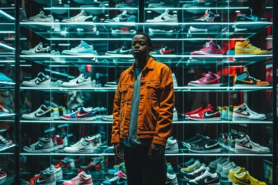 a handsome male standing in front of a collection of nike sneakers, shoes are in...