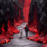 Contemporary abstract art installation made of viscous lava flow, with people, m...
