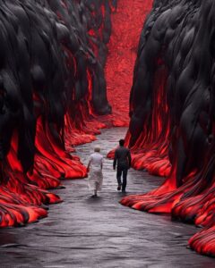 Contemporary abstract art installation made of viscous lava flow, with people, m...