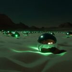 empty desert a night that is lit by green light with chrome orbs rising from the...