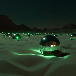 empty desert a night that is lit by green light with chrome orbs rising from the...