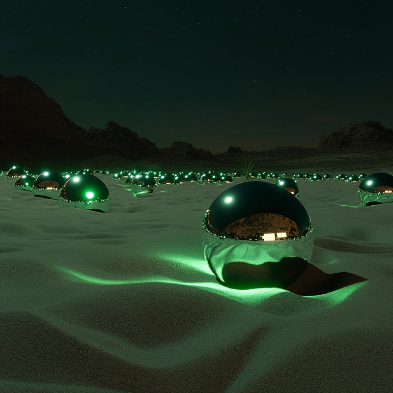 hxTy08RjwomLmDrpbyQgUhXDOlCduouw_HyZgRTwFhO8mkDtDiSIvSwz7Y3WqzmBwb3uHkoFiI-2r9FlSXFHTi_Gogm-YPO_PBlG.jpeg empty desert a night that is lit by green light with chrome orbs rising from the...