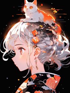 A cute anime girl in sakura Japanese traditional outfit, silver hair, with a cat...