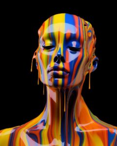 A digitally animated image of a woman dripping with colors, in the style of scul...