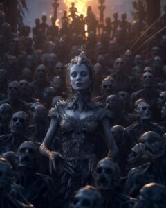 The queen of the damned in front of a huge crowd of zombies, in the style of vra...