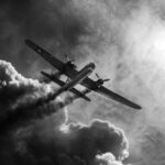 b17 bomber in steep dive and banking turn, clouds, smoking from an engine fire, ...