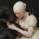 a melancholic albino goddess in a satin dress facing the viewer, she is petting ...