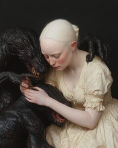 a melancholic albino goddess in a satin dress facing the viewer, she is petting ...