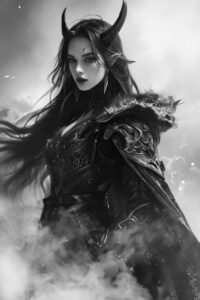 DnD art. black and white full body shot of a female diablo with long dark hair a...
