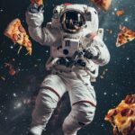 a close up photograph of astronaut a piece of delicios pizza in front of him , o...