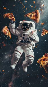 a close up photograph of astronaut a piece of delicios pizza in front of him , o...
