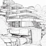 Coloring page for children, frank lloyd wright designed fallingwater house, deta...