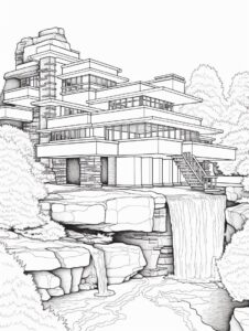Coloring page for children, frank lloyd wright designed fallingwater house, deta...