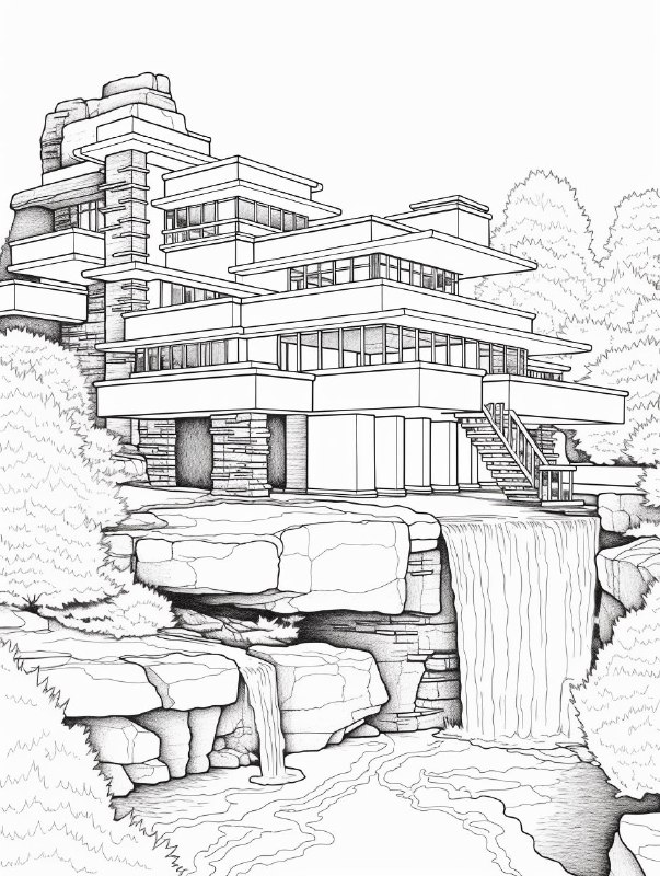 iHOnG-7163w1SWOHN5tdK-Fk1Bf4sPUOiyA7FrJar93NRYMl03fJ8Han_DiaLUAv96YDEHz_n5e73cjcQWEea1ba7HDJk7k_I69w.jpeg Coloring page for children, frank lloyd wright designed fallingwater house, deta...