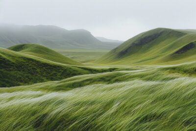 editorial minimalist landscape photo of icelandic meadows in the wind on rolling...