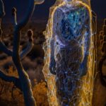 Tangled up in yarn and wires webs in a desert canyon landscape at dusk, symbol, ...