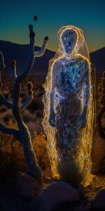 Tangled up in yarn and wires webs in a desert canyon landscape at dusk, symbol, ...