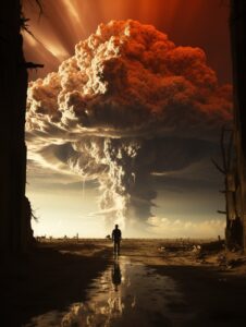 Double exposure, A scene depicting Oppenheimer in the desert of New Mexico, witn...